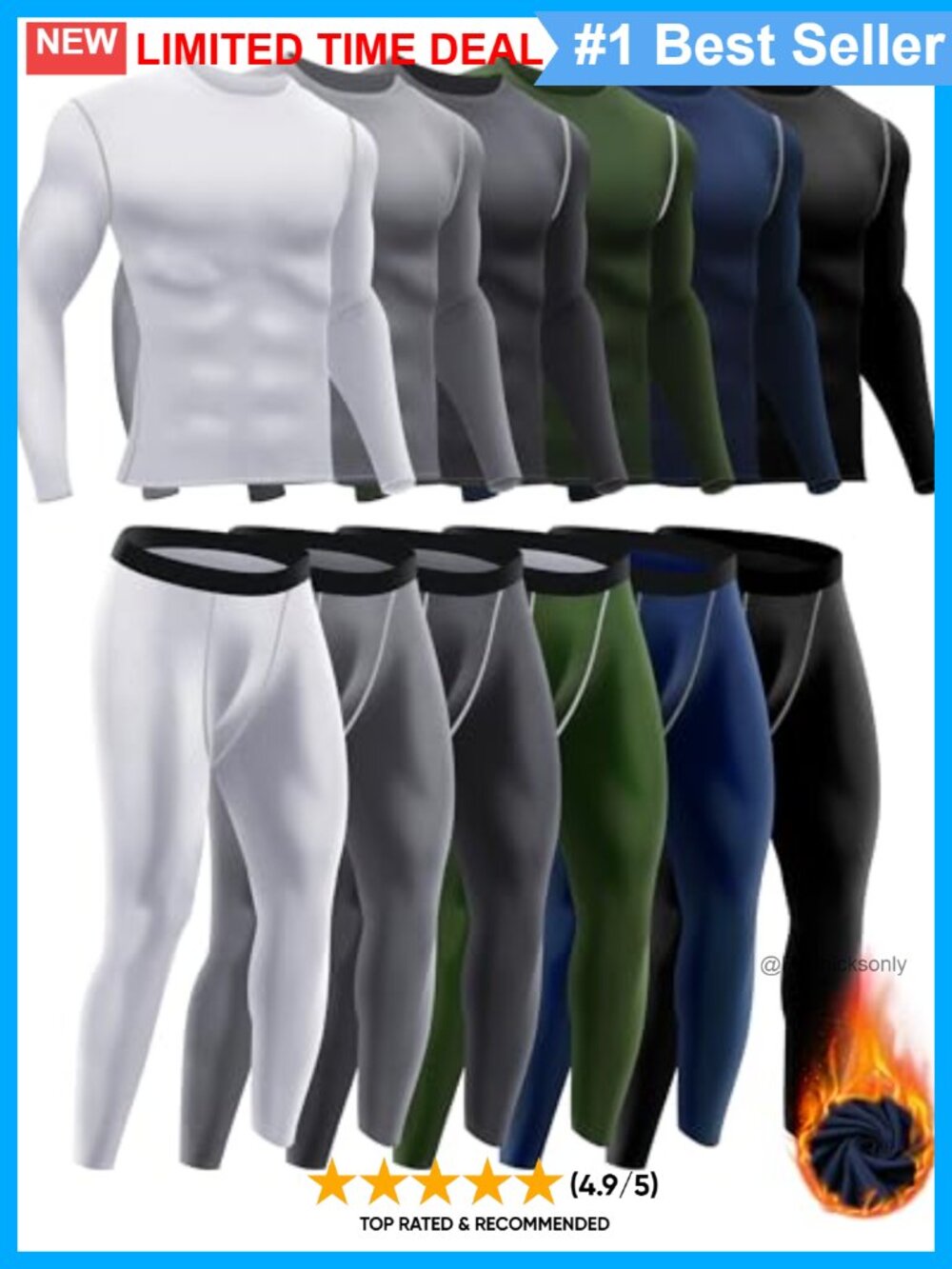 Men's Thermal Underwear Set 6 Pack Compression Long Sleeve & Leggings